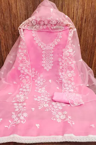 Manvaa women's baby pink heavy thread embrodiery work organza dress material