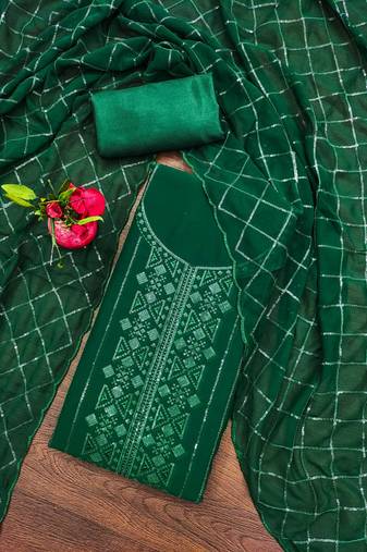 Manvaa women's green unstitched sequence work with neck work georgette dress material 