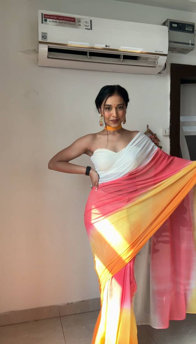 Pure Georgette Fabric Padding Print Ready To Wear Saree With Un-Stitched Blouse