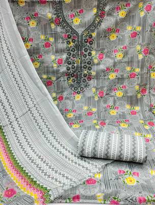 Manvaa women's grey designer printed work printed dupatta and bottom cotton dress material 2
