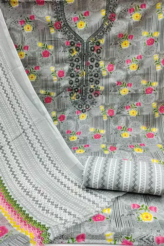 Manvaa women's grey designer printed work printed dupatta and bottom cotton dress material