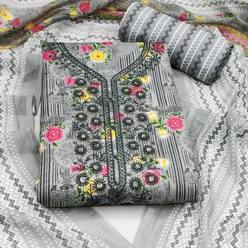 Manvaa women's grey designer printed work printed dupatta and bottom cotton dress material 3
