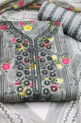 Manvaa women's grey designer printed work printed dupatta and bottom cotton dress material