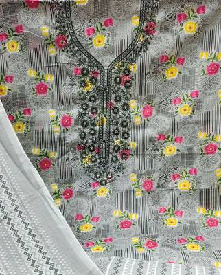 Manvaa women's grey designer printed work printed dupatta and bottom cotton dress material 4
