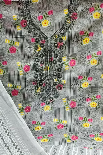 Manvaa women's grey designer printed work printed dupatta and bottom cotton dress material