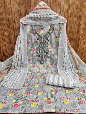 Manvaa women's grey designer printed work printed dupatta and bottom cotton dress material 5