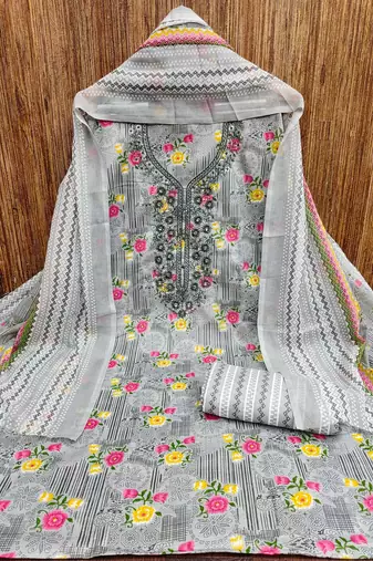 Manvaa women's grey designer printed work printed dupatta and bottom cotton dress material