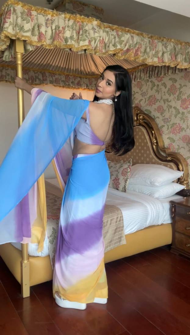 Pure Georgette Fabric Padding Print Ready To Wear Saree With Un-Stitched Blouse