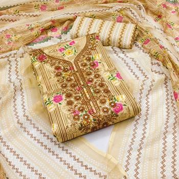 Manvaa women's beige designer printed work printed dupatta and bottom cotton dress material 1