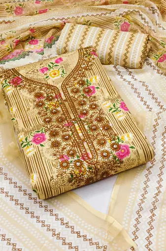 Manvaa women's beige unstitched designer printed work printed dupatta and bottom cotton dress material 