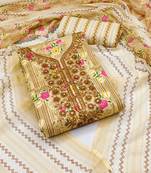 Manvaa women's beige designer printed work printed dupatta and bottom cotton dress material