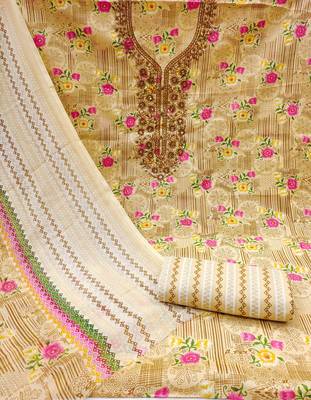 Manvaa women's beige designer printed work printed dupatta and bottom cotton dress material 2