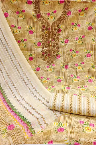 Manvaa women's beige designer printed work printed dupatta and bottom cotton dress material