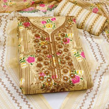 Manvaa women's beige designer printed work printed dupatta and bottom cotton dress material 3