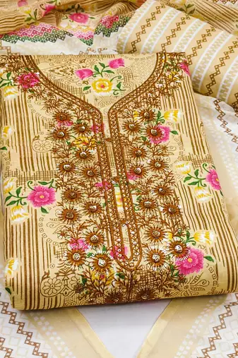 Manvaa women's beige designer printed work printed dupatta and bottom cotton dress material