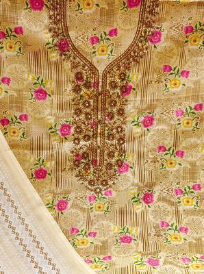 Manvaa women's beige designer printed work printed dupatta and bottom cotton dress material 4