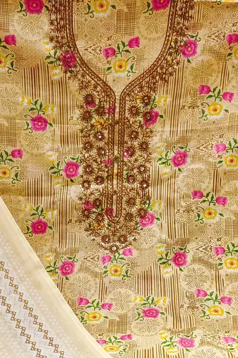 Manvaa women's beige designer printed work printed dupatta and bottom cotton dress material
