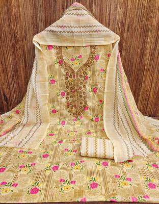 Manvaa women's beige designer printed work printed dupatta and bottom cotton dress material 5