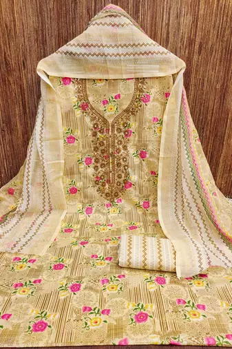 Manvaa women's beige designer printed work printed dupatta and bottom cotton dress material