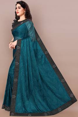 Dark Rama Blue Lycra Woven Work Lace Border Saree With Unstitched Blouse Piece 1