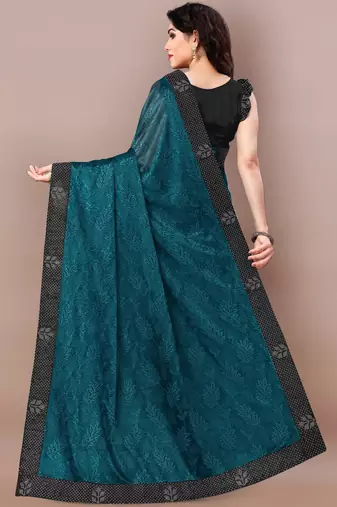 Dark Rama Blue Lycra Woven Work Lace Border Saree With Unstitched Blouse Piece