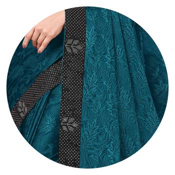 Dark Rama Blue Lycra Woven Work Lace Border Saree With Unstitched Blouse Piece 4