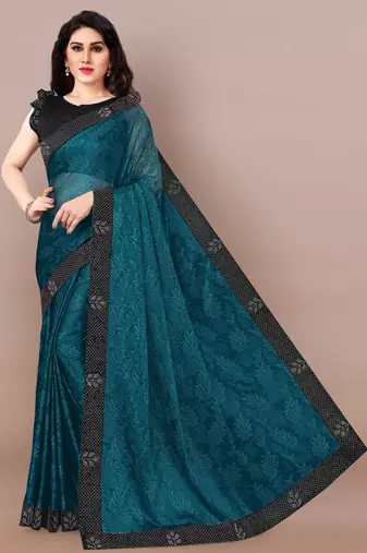 Dark Rama Blue Lycra Woven Work Lace Border Saree With Unstitched Blouse Piece