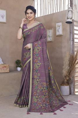 Dusty wine cotton blend floral foil print golden zari border saree with unstitched blouse piece 1