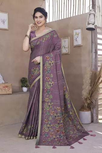 Dusty wine cotton blend floral foil print golden zari border saree with unstitched blouse piece