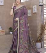 Dusty wine cotton blend floral foil print golden zari border saree with unstitched blouse piece