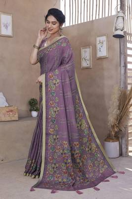 Dusty wine cotton blend floral foil print golden zari border saree with unstitched blouse piece 2