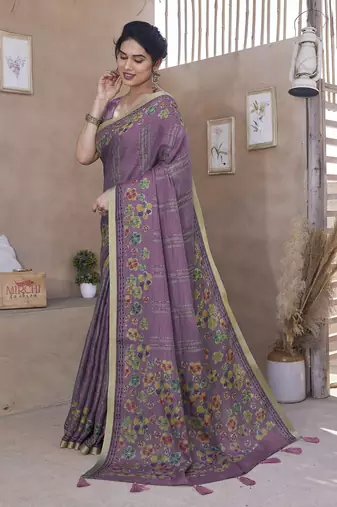 Dusty wine cotton blend floral foil print golden zari border saree with unstitched blouse piece