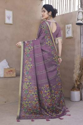Dusty wine cotton blend floral foil print golden zari border saree with unstitched blouse piece 3