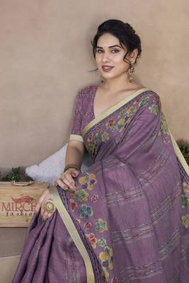 Dusty wine cotton blend floral foil print golden zari border saree with unstitched blouse piece 5