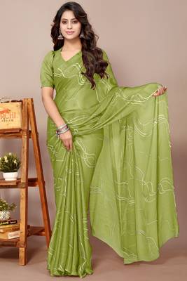 Light olive green chiffon geometric print saree with unstitched blouse piece 1