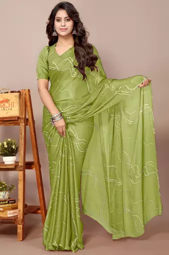 Light olive green chiffon geometric print saree with unstitched blouse piece