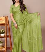 Light olive green chiffon geometric print saree with unstitched blouse piece
