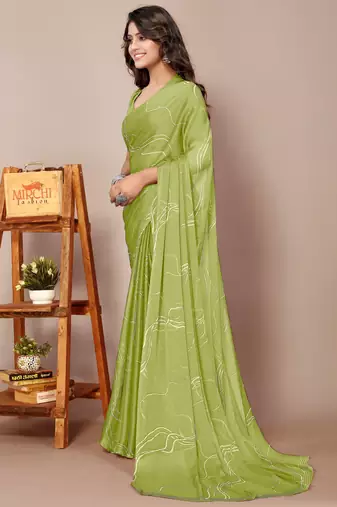Light olive green chiffon geometric print saree with unstitched blouse piece