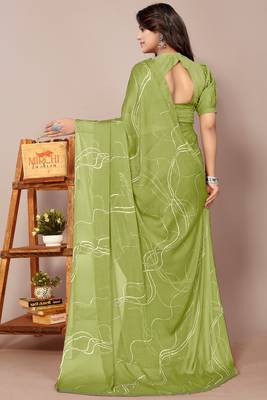 Light olive green chiffon geometric print saree with unstitched blouse piece 3