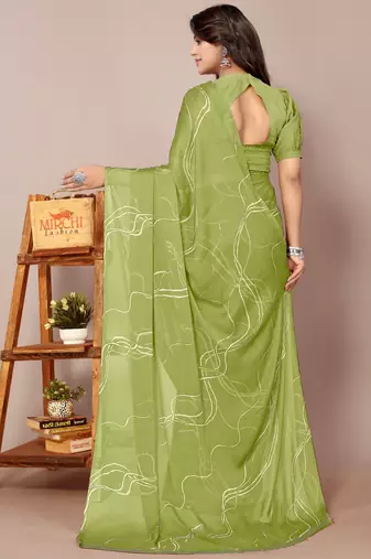 Light olive green chiffon geometric print saree with unstitched blouse piece