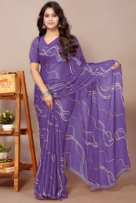 Purple Chiffon Geometric Print Saree With Unstitched Blouse Piece 1