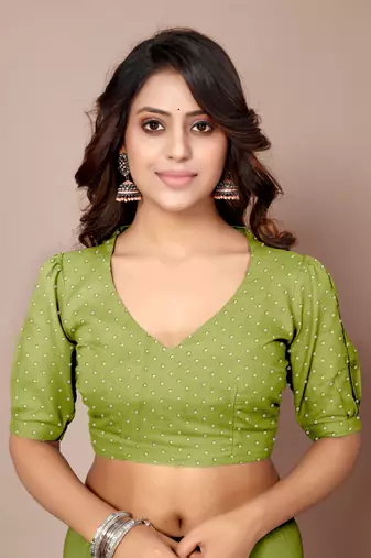 Light olive green chiffon geometric print saree with unstitched blouse piece