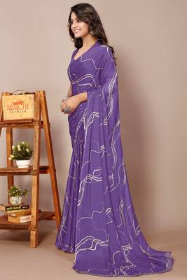 Purple Chiffon Geometric Print Saree With Unstitched Blouse Piece 2