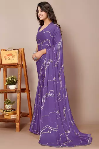 Purple Chiffon Geometric Print Saree With Unstitched Blouse Piece