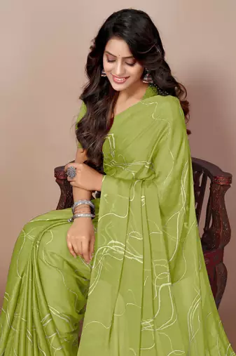 Light olive green chiffon geometric print saree with unstitched blouse piece