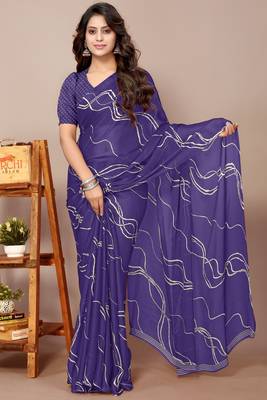 Dark Purple Chiffon Geometric Print Saree With Unstitched Blouse Piece 1