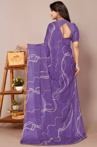 Purple Chiffon Geometric Print Saree With Unstitched Blouse Piece