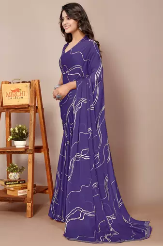 Dark Purple Chiffon Geometric Print Saree With Unstitched Blouse Piece