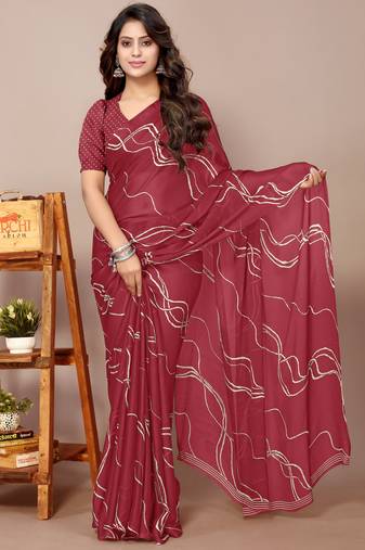 Maroon Chiffon Geometric Print Saree With Unstitched Blouse Piece