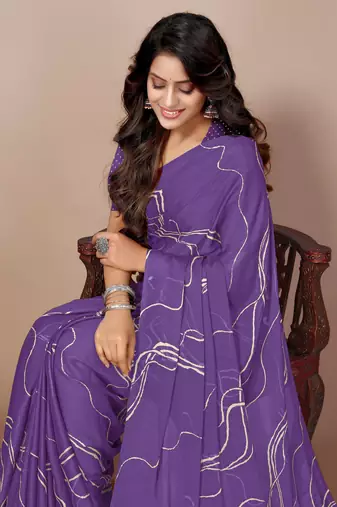 Purple Chiffon Geometric Print Saree With Unstitched Blouse Piece